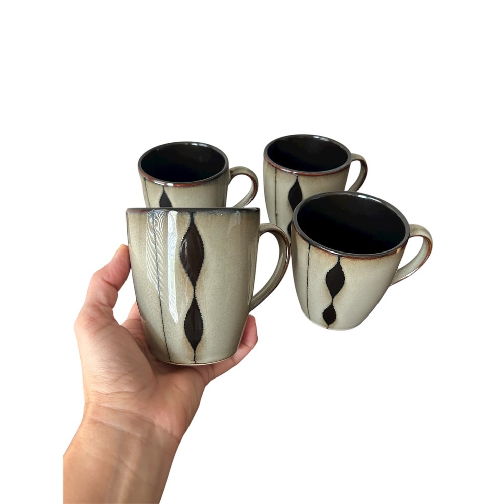 Sango Prelude Black Stoneware Tea Drop Reactive Drip Glaze 4 Mugs Discontinued
